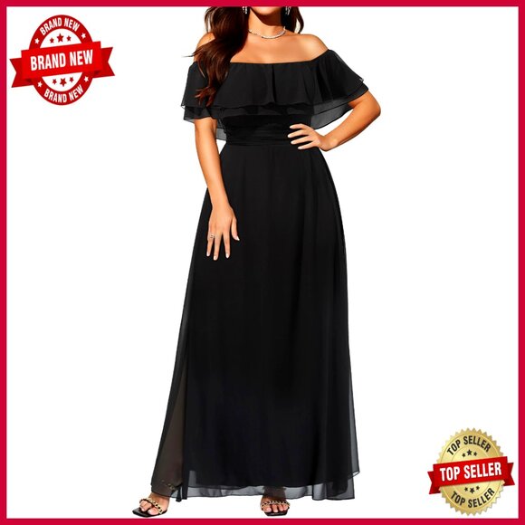 Off Shoulder Chiffon Maxi Dress Formal Elegant Wedding Guest Floor Length